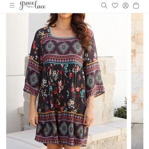 Grace and Lace Boho Border Print Dark Floral Dress